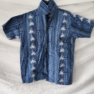 Pacific Legend Youth Medium Hawaiian Shirt Blue Palm Tree Aloha Button-Up Island